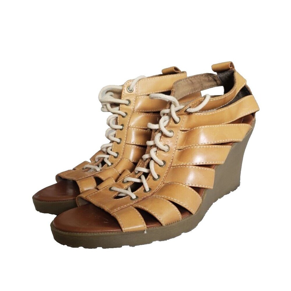 Dr. Martens Mona Gladiator Strappy Wedge Lace Up Leather Tan Sandal Womens Sz 9